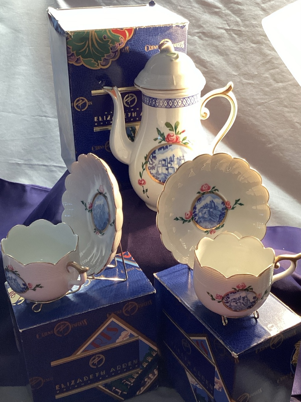 Elizabeth Arden Pink and White Porcelain Tea Set with Gold Trim